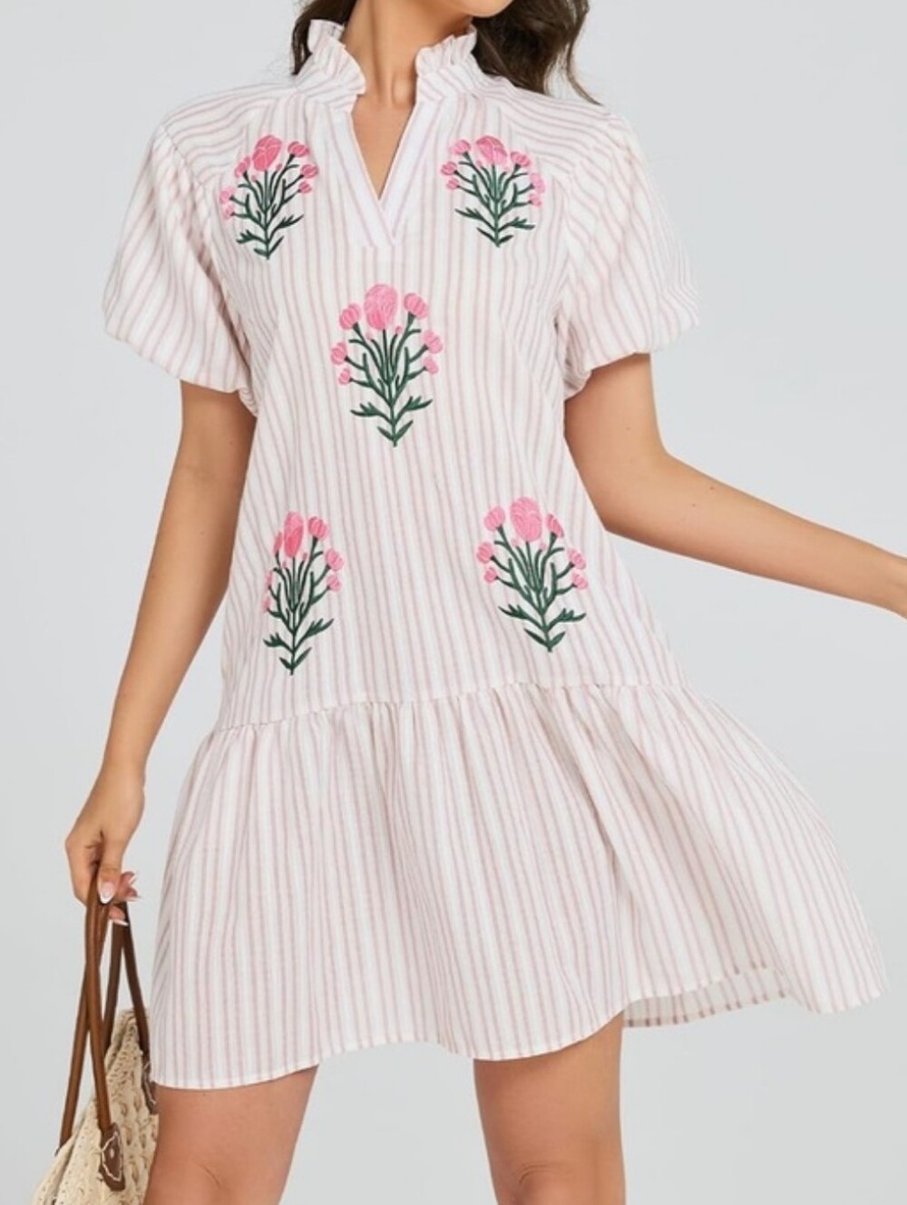 Striped Pink Floral Embroidered Mini Dress